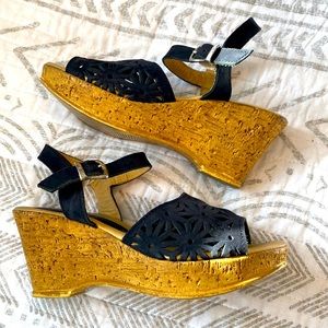 Spring Step Black Leather Ankle Strap Platform Wedge Sandals